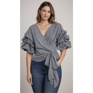 NWT Farrow Women Puffer sleeve top gingham plaid black white wrap tie Size S